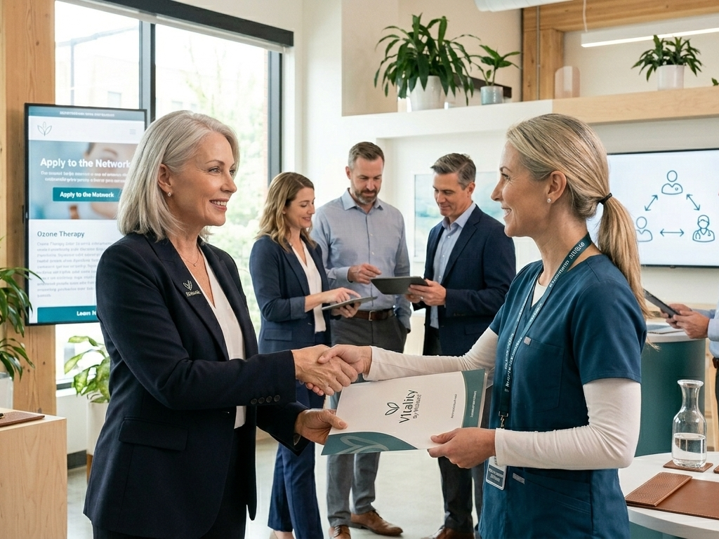 Michelle welcoming a wellness practitioner into the Vitality affiliate network with a handshake.